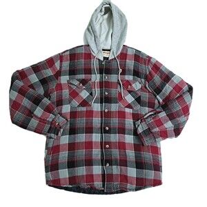 Wrangler Plaid Flannel Men's Medium Jacket Hooded Quilted Lining Shacket  Red